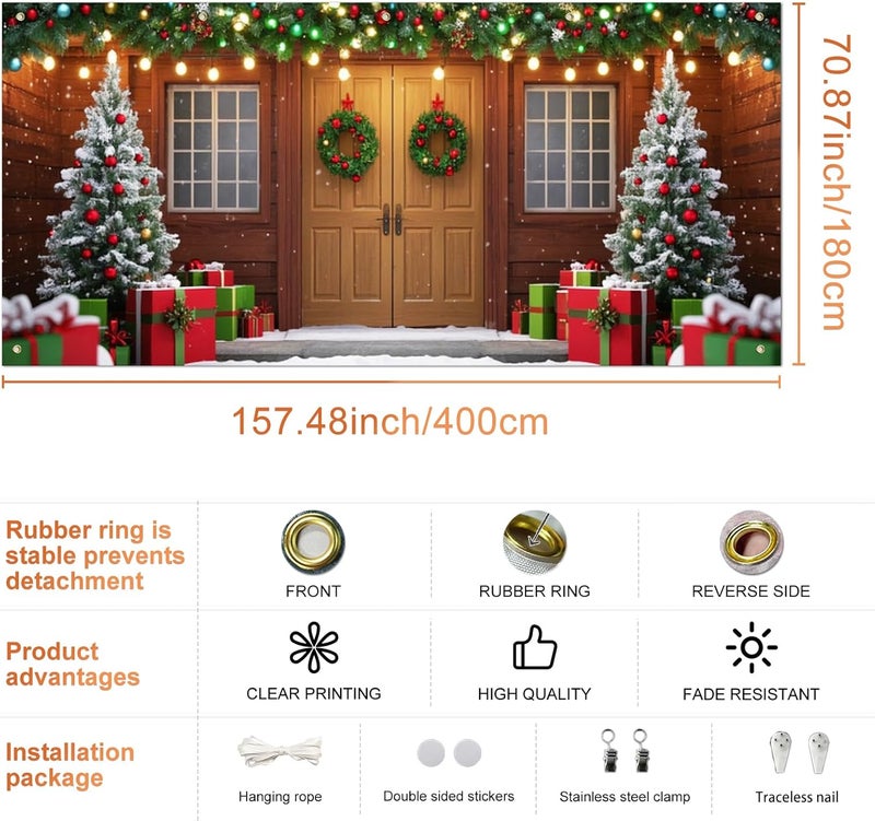IVN Christmas Garage Door Banner 6x13 ft Winter House Scene with Snow Trees and Gifts Backdrop Decorative Holiday Christmas Garage Door Cover Mural Seasonal Scene Decor - Image 3